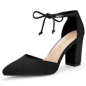 Ankle Tie Chunky Heel Black Pointed Toe Dress Pumps